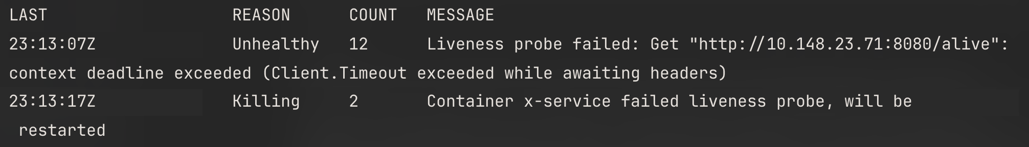 Kubernetes events showing failed liveness probes timing out while awaiting response headers and restarting the container