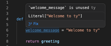 VS Code showing an unused welcome_message binding dimmed by ty